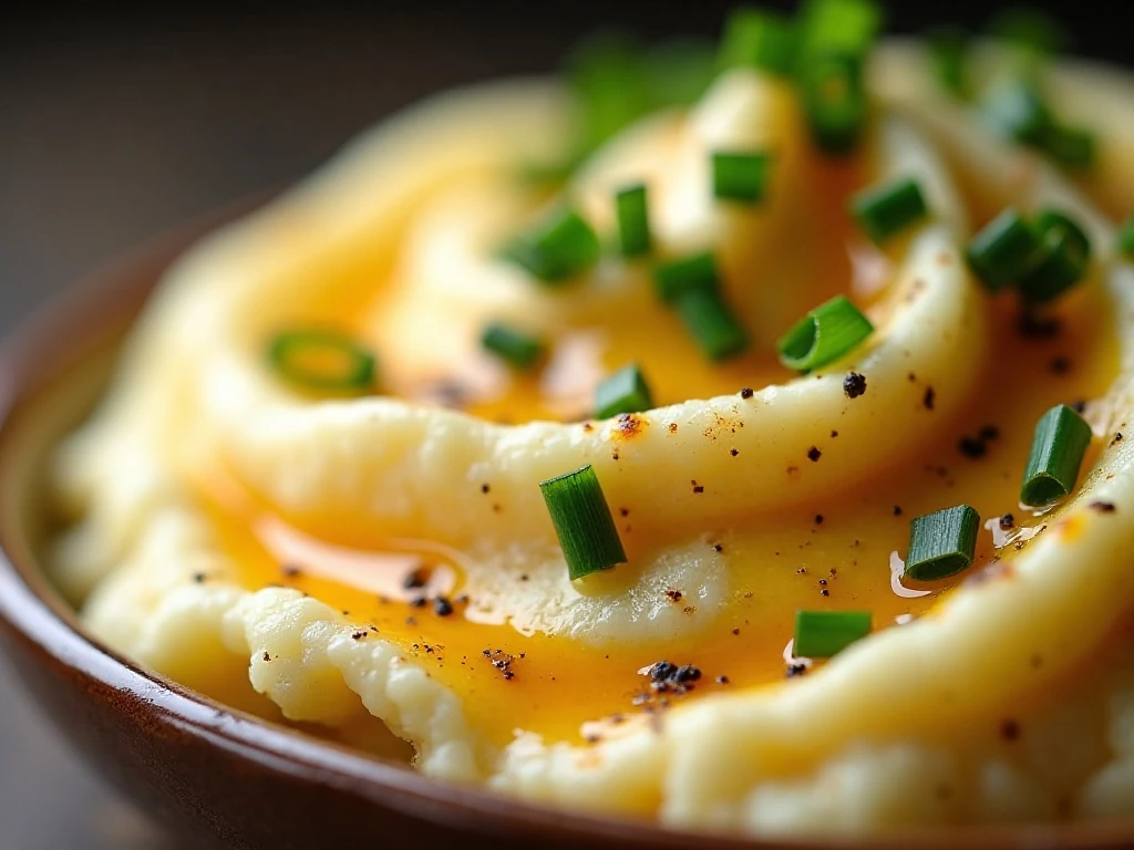 Close-up of mashed cauliflower with browned butter and fresh chives