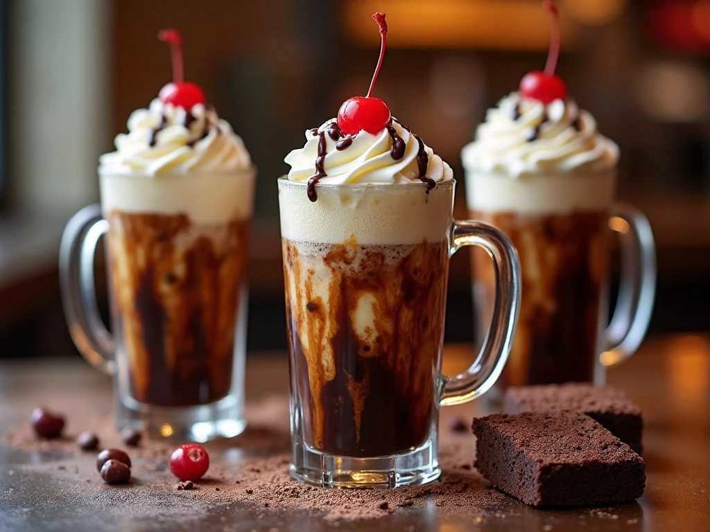 Brownie sundae root beer floats with vanilla ice cream and whipped cream