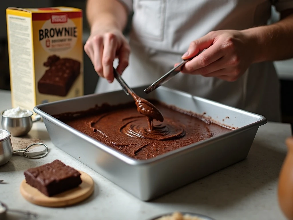 Preparing fudge brownie batter in a square baking pan