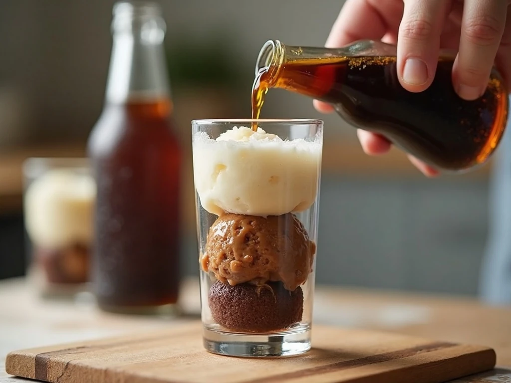Slowly pouring root beer over brownie and vanilla ice cream