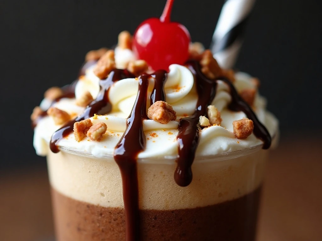 Chocolate syrup, pecans, whipped cream, and cherry topping a brownie float