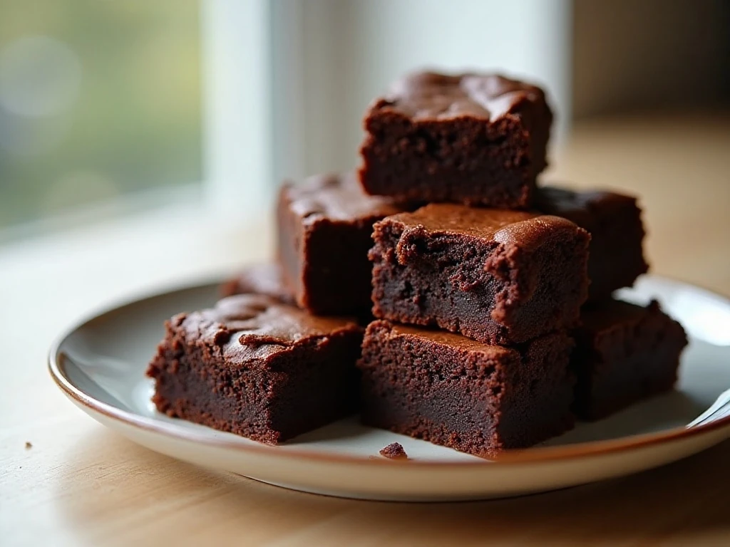 Stack of fudgy homemade brownies with soft chocolate centers