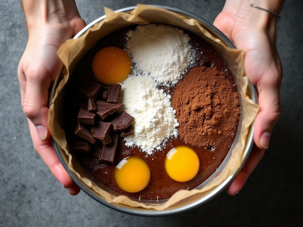 Ingredients for fudgy brownies from scratch arranged beside a baking pan