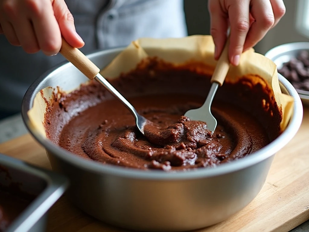Chocolate brownie batter being folded with semisweet chocolate chunks