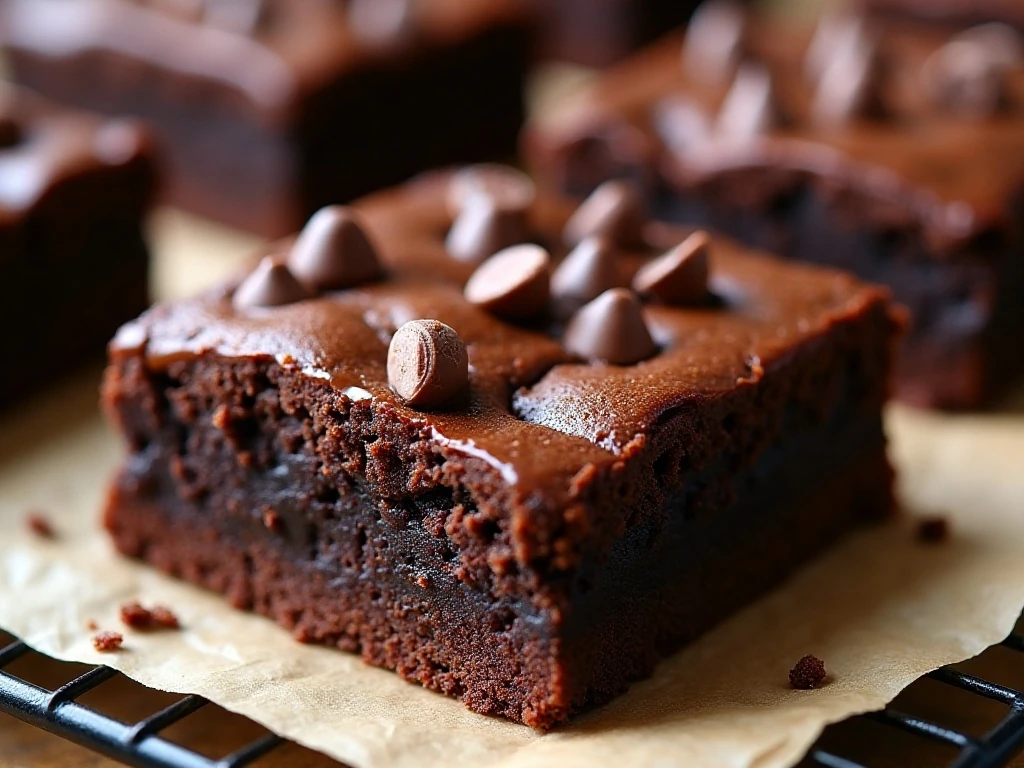 Close-up of a moist fudgy brownie with melted chocolate pieces