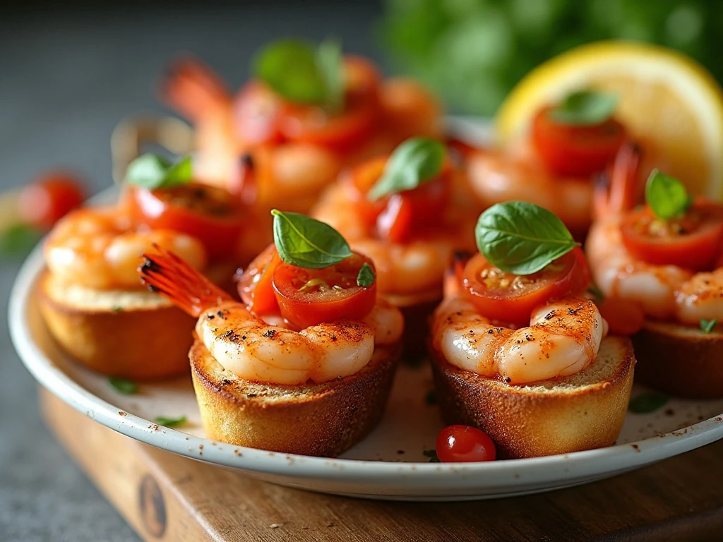 Platter of grilled shrimp topped with fresh tomato basil bruschetta