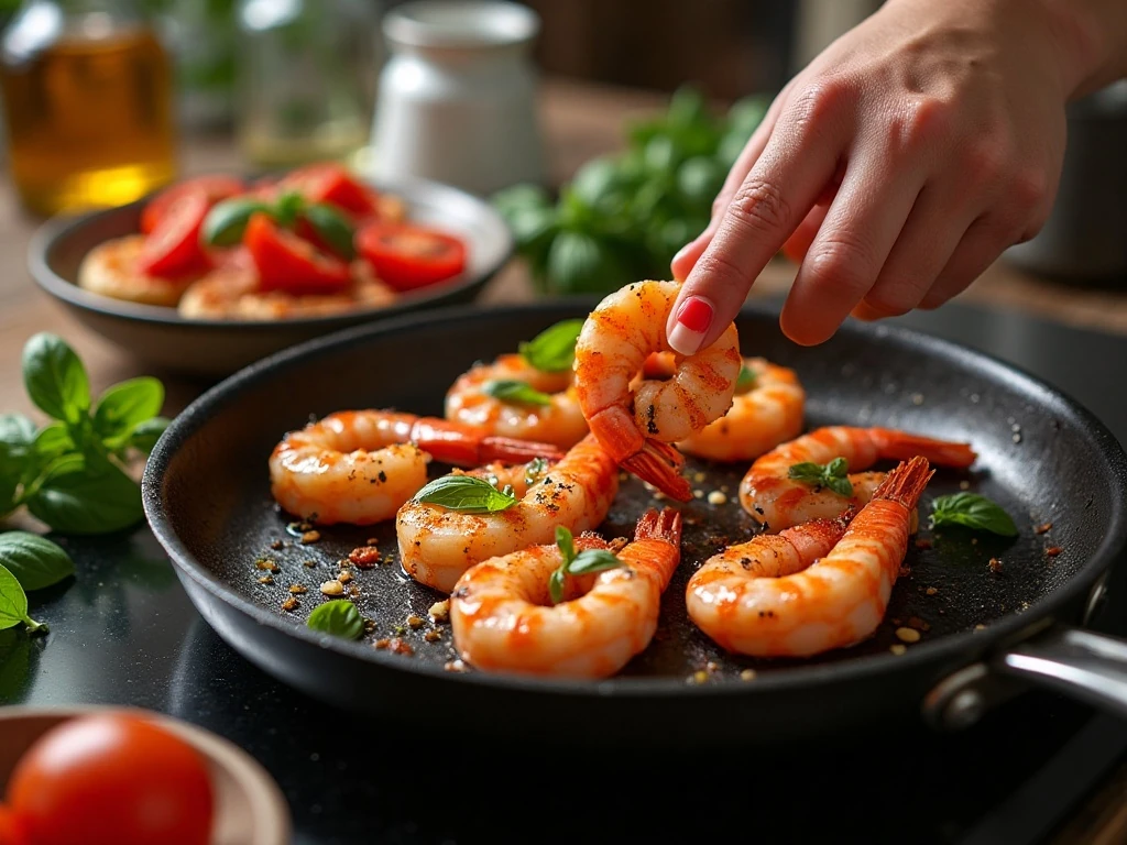 Marinated shrimp grilling beside fresh bruschetta topping