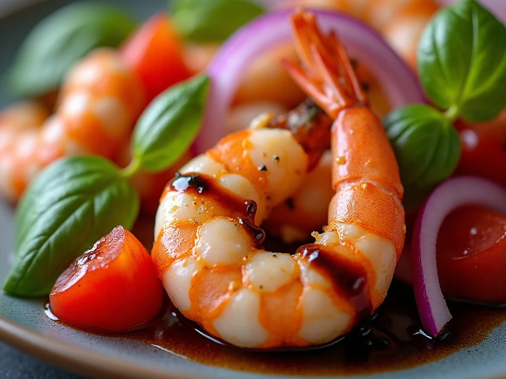 Close-up of perfectly cooked grilled shrimp with bruschetta topping