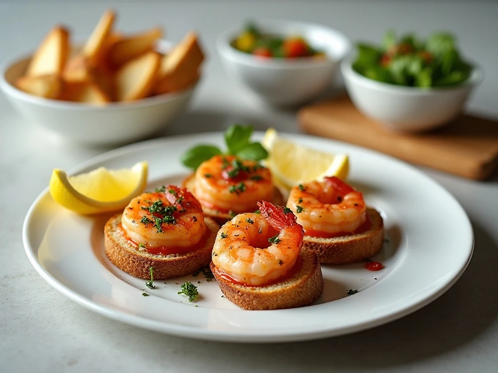 Bruschetta grilled shrimp served with toasted baguette and fresh sides