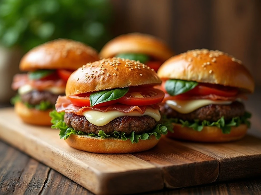 Bruschetta hamburgers with mozzarella, tomato topping, and crispy prosciutto