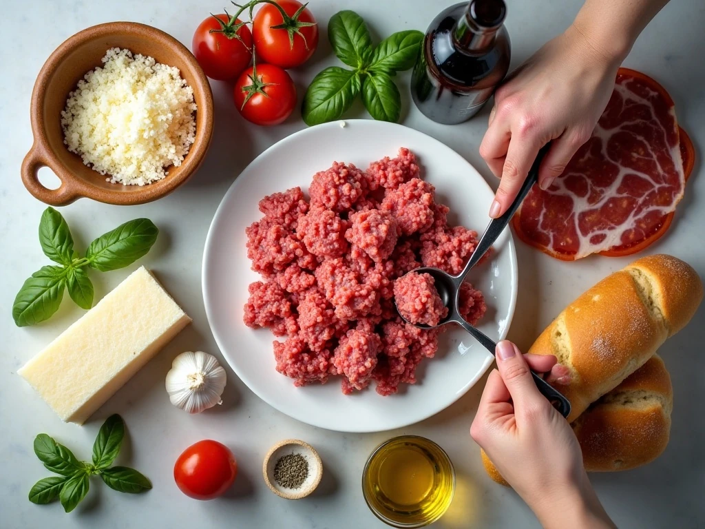Ingredients for bruschetta hamburgers with crispy prosciutto