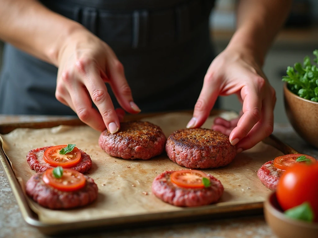 Preparing beef patties, tomato bruschetta, and prosciutto for burgers