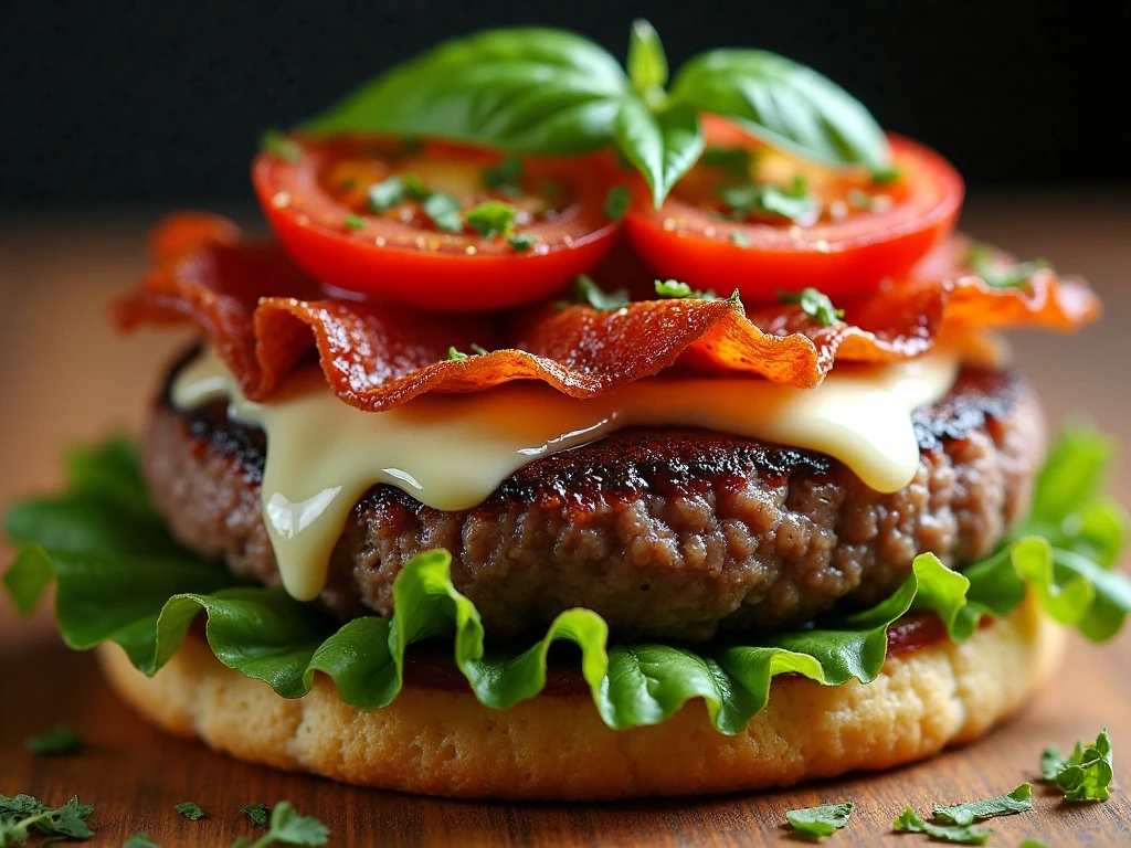 Close-up of crispy prosciutto and tomato bruschetta burger toppings