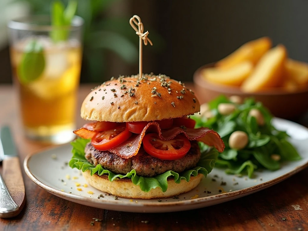 Bruschetta hamburger dinner served with salad and roasted potatoes