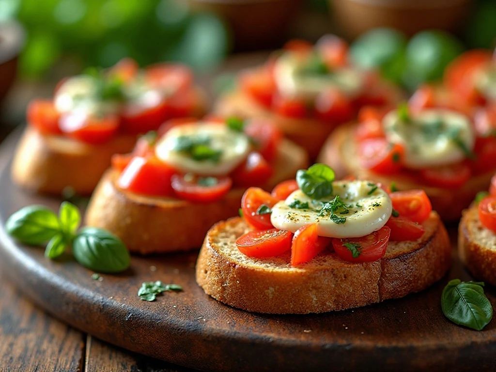Warm bruschetta melts with tomatoes, basil, and melted mozzarella on French bread