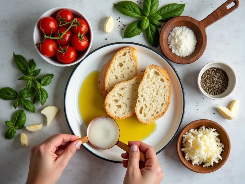Ingredients for easy bruschetta melts arranged in a flat lay