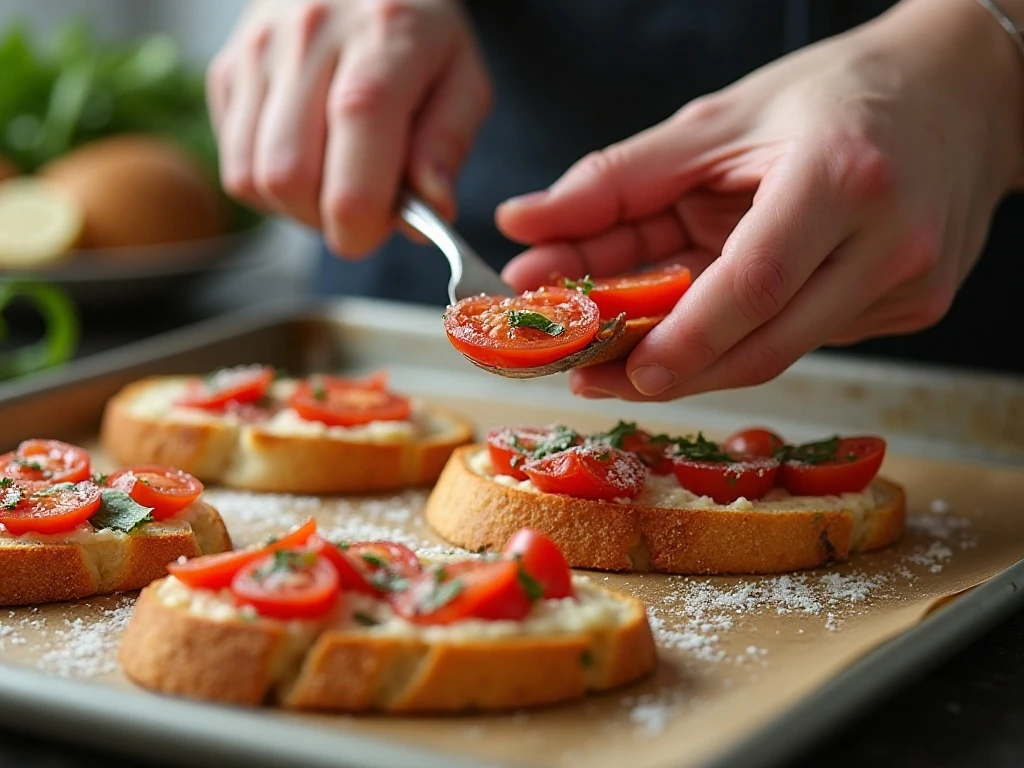 Adding tomato basil topping to toasted French bread for bruschetta melts