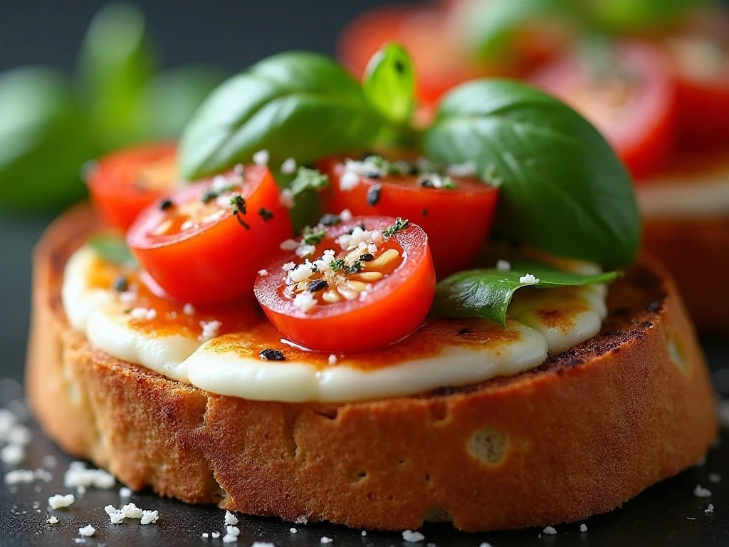 Close-up of crisp bruschetta melt edges and browned mozzarella
