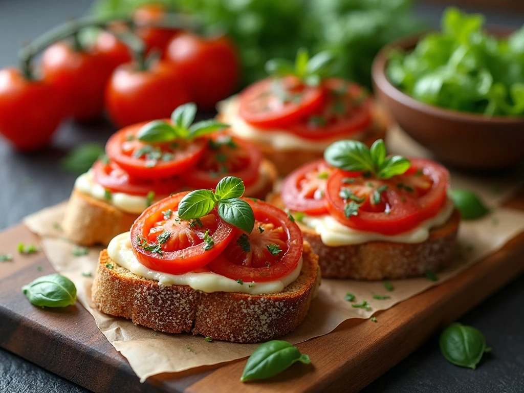Bruschetta melts served as an appetizer with salad and fresh basil
