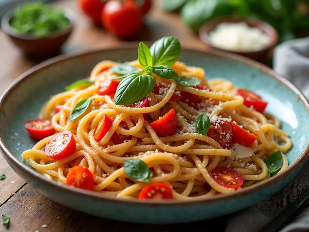 Fresh bruschetta pasta with tomatoes, basil, garlic, and Parmesan