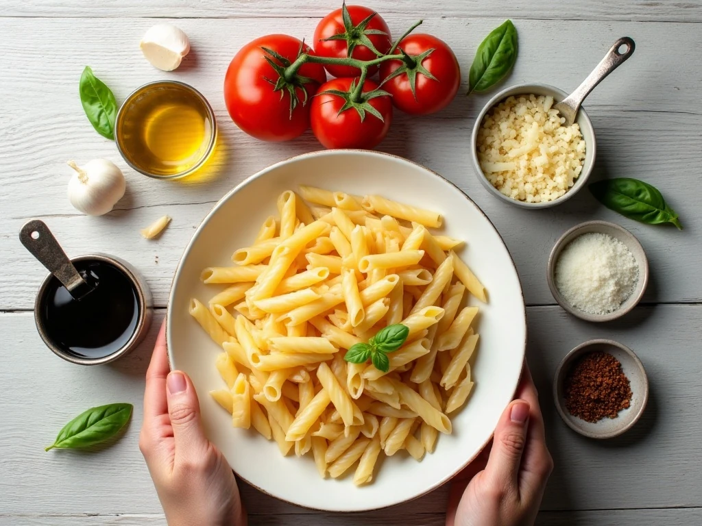 Ingredients for easy bruschetta pasta arranged on a table