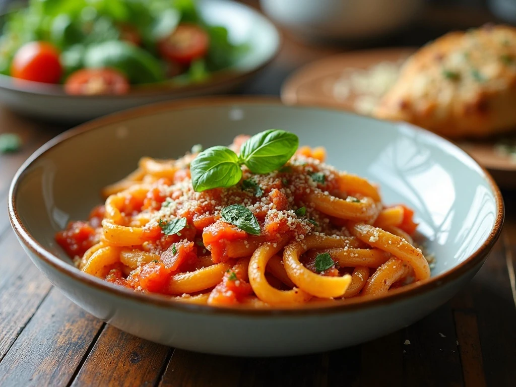 Bruschetta pasta served with salad and optional grilled chicken