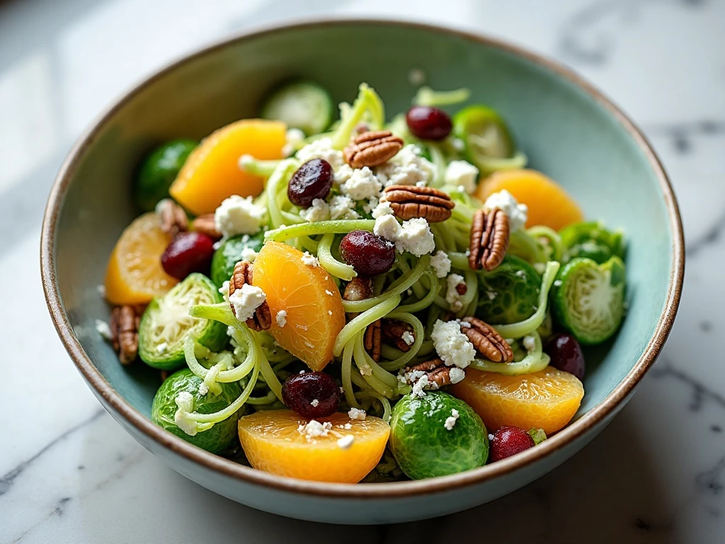 Finished shaved Brussels sprouts salad with oranges, cranberries, nuts, and feta