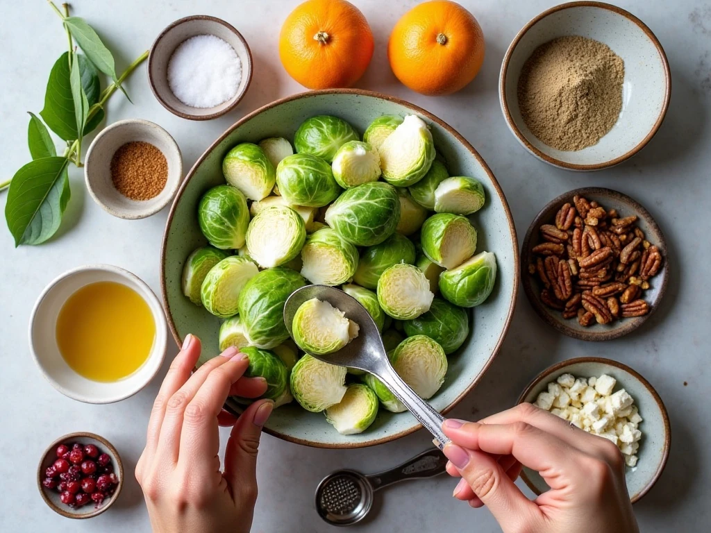 Ingredients for shaved Brussels sprouts salad and orange vinaigrette