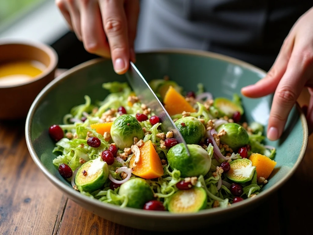 Preparing shaved Brussels sprouts and orange vinaigrette for salad