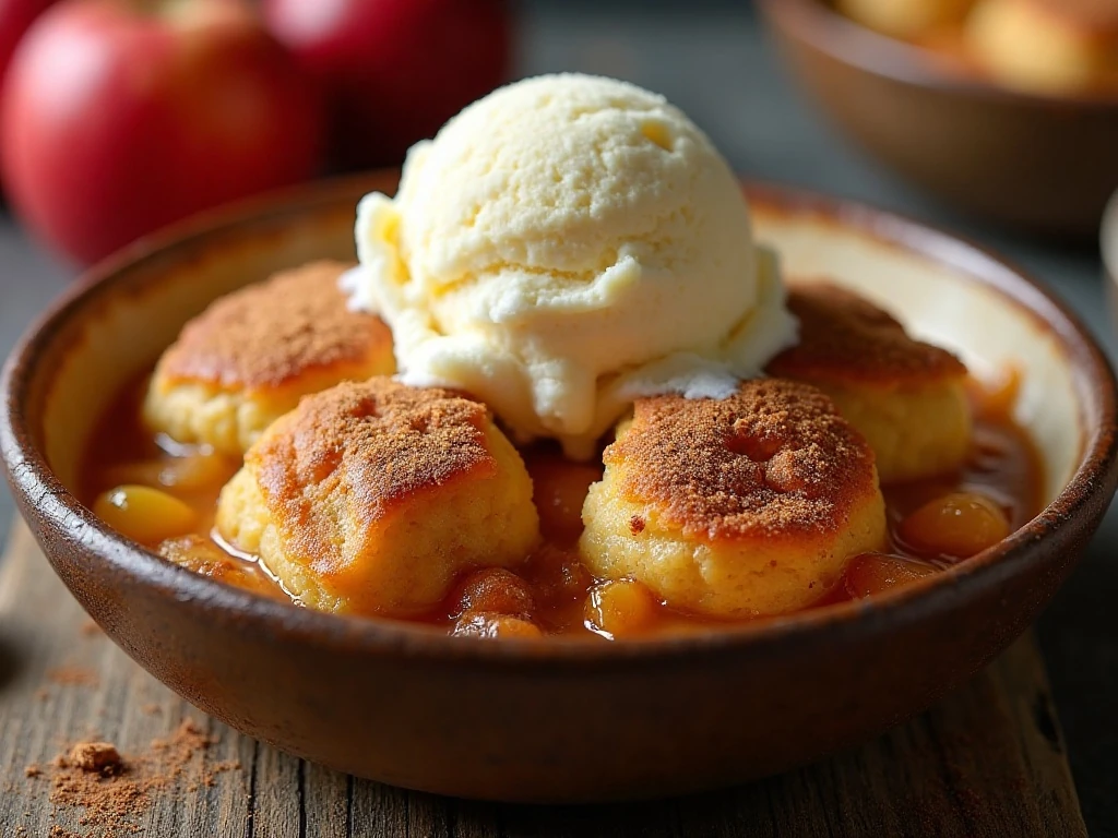 Warm apple Bubble Up Dessert with golden biscuit pieces and vanilla ice cream