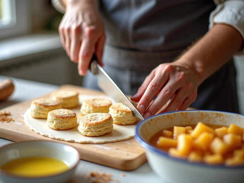 Cutting biscuit dough pieces for Bubble Up Dessert