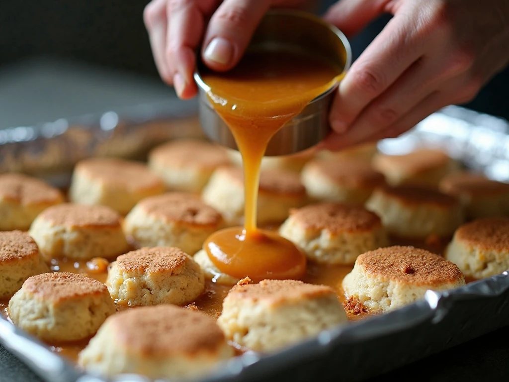 Drizzling buttery cinnamon topping over biscuit pieces