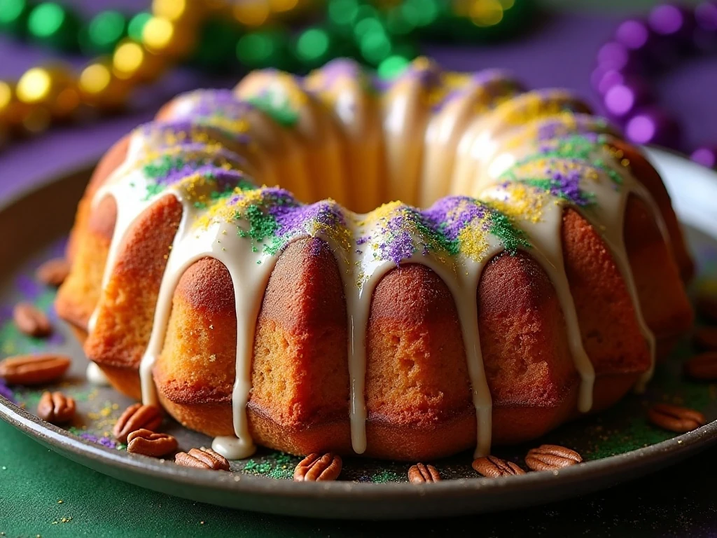 Finished Bubble Up King Cake decorated with Mardi Gras colors