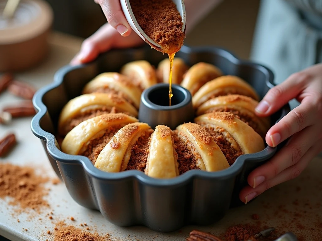 Cinnamon-roll pieces coated with brown sugar butter mixture for king cake
