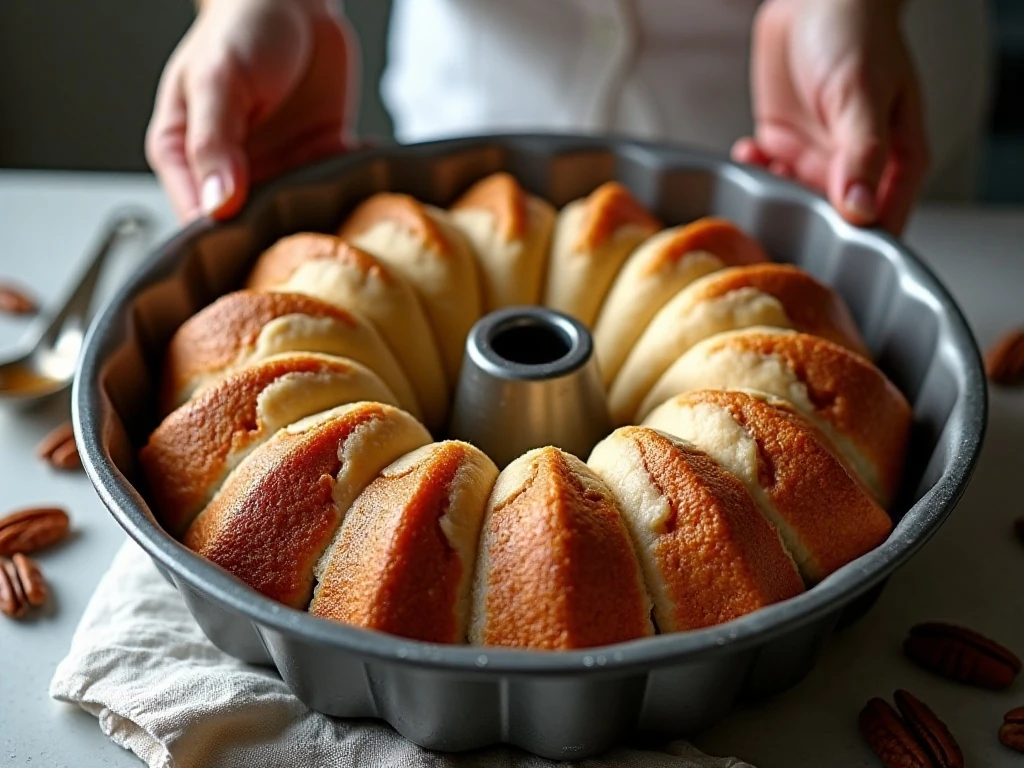 Bundt pan filled with loose cinnamon-roll pieces before baking