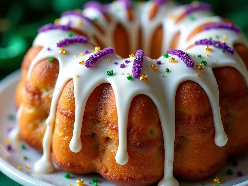Close-up of icing and Mardi Gras sugar on Bubble Up King Cake