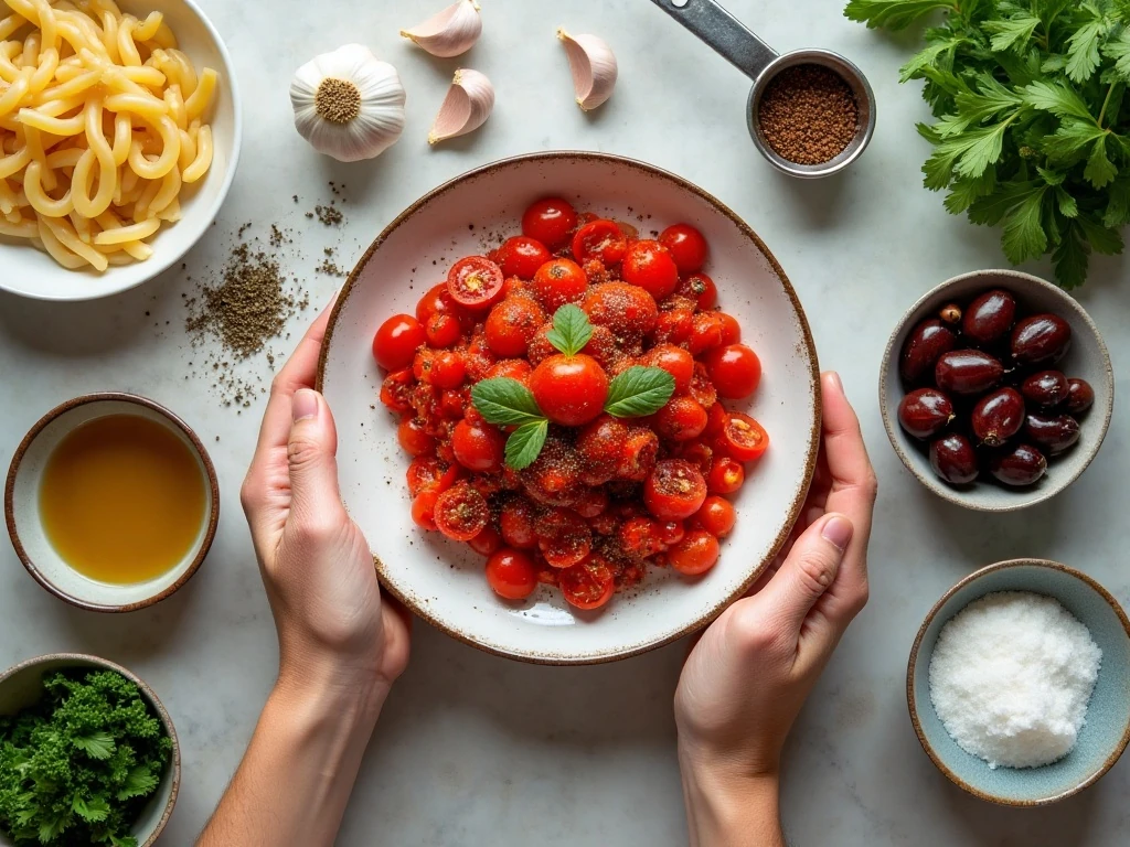 Ingredients for spicy one-pot bucatini puttanesca