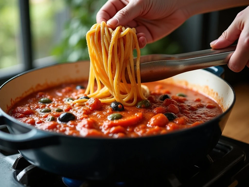 Bucatini being stirred into simmering puttanesca sauce in one pot