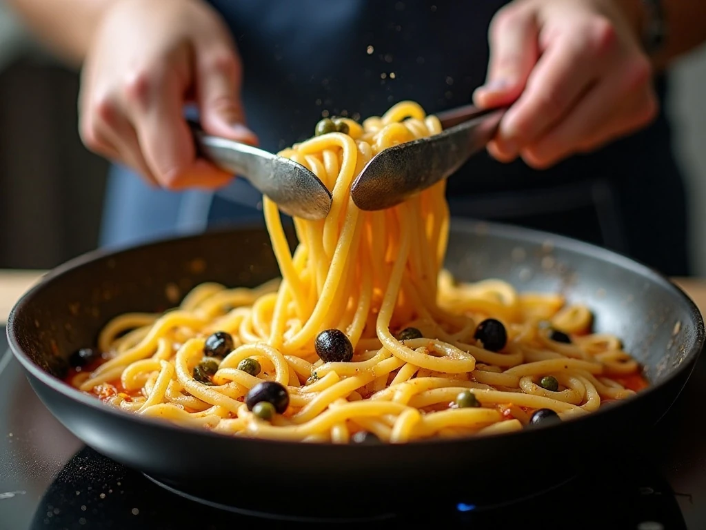 Bucatini stirred frequently while cooking in puttanesca sauce