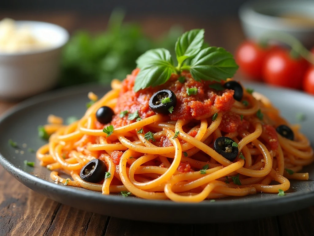 Garnished bucatini puttanesca with parsley, olives, capers, and red pepper flakes