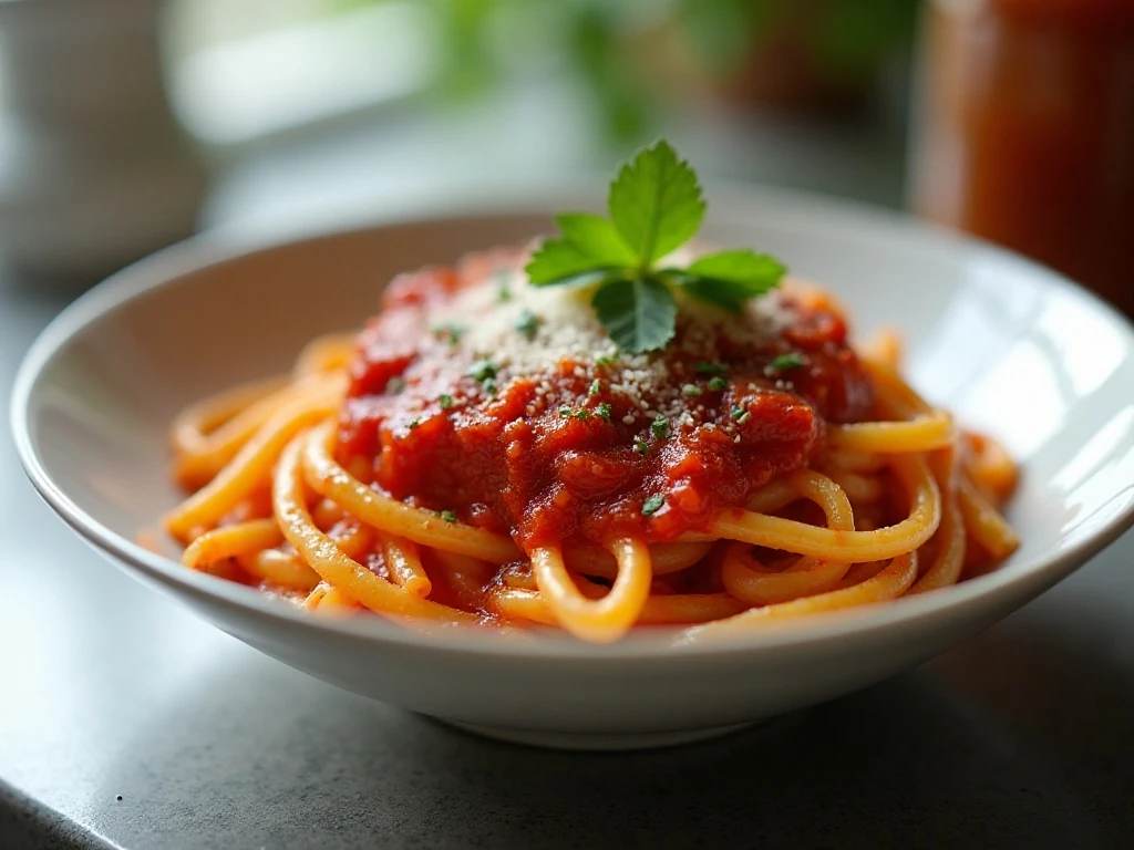 Reheated leftover one-pot bucatini puttanesca served in a bowl