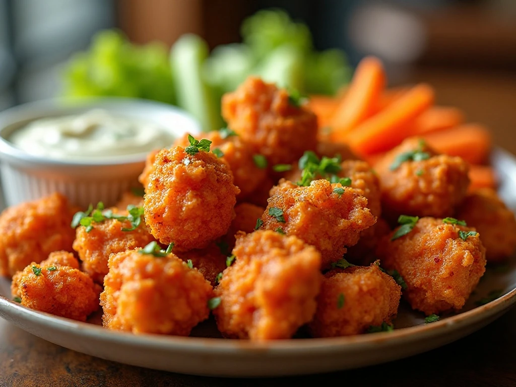 Buffalo blue cheese popcorn chicken served with dip, celery, and carrots