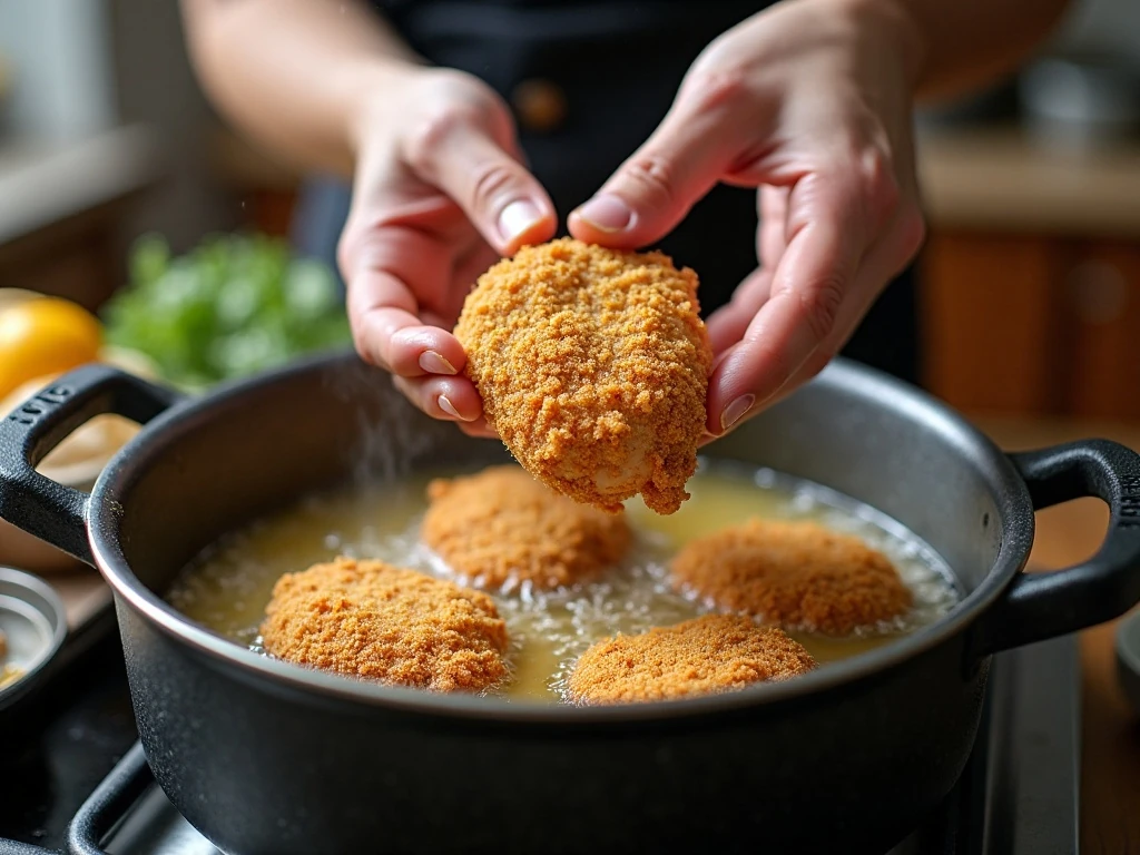 Breading and frying chicken for Buffalo popcorn chicken