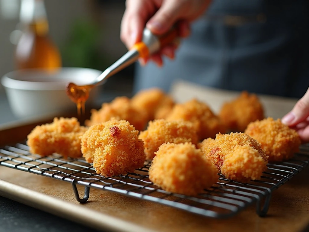 Crispy popcorn chicken draining on a wire rack
