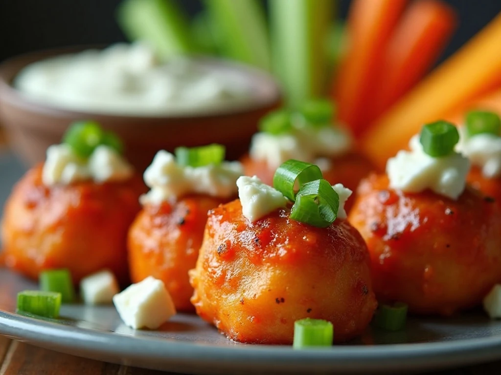 Buffalo chicken bites garnished with blue cheese and scallions