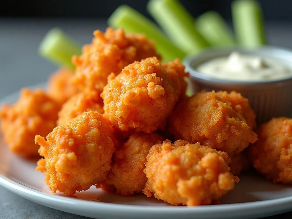 Crispy reheated Buffalo popcorn chicken with fresh blue-cheese dip