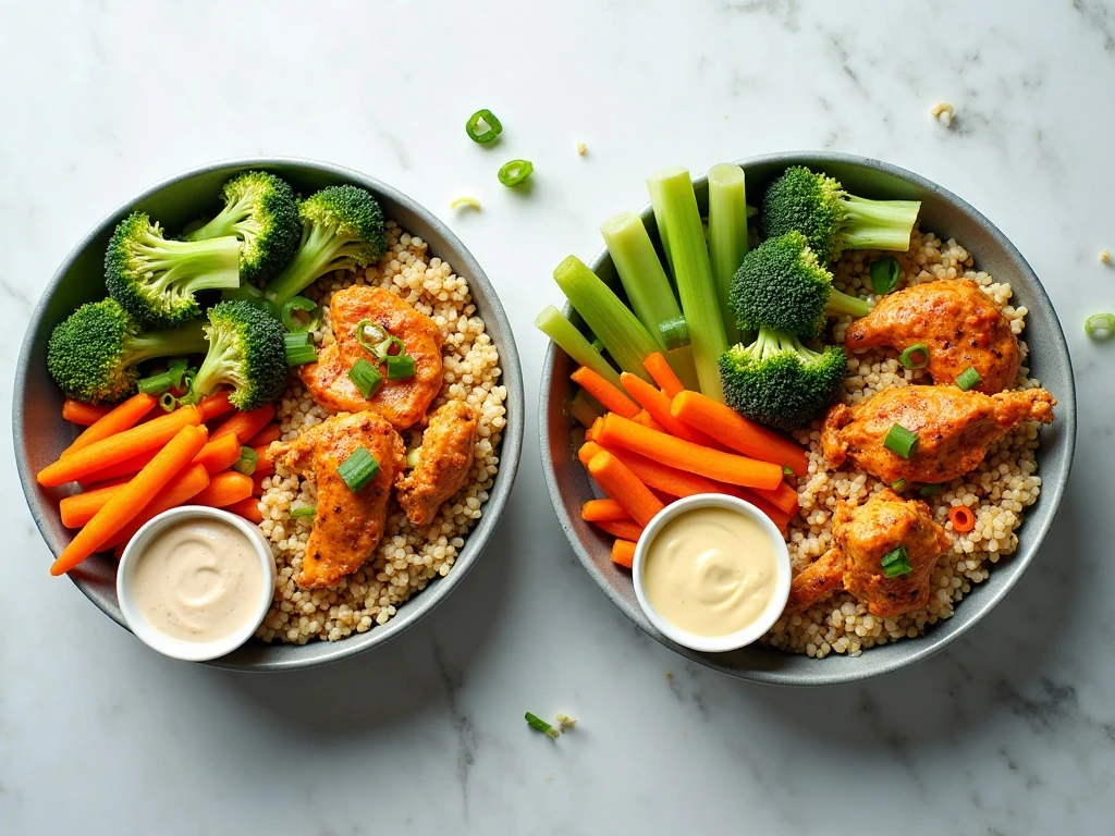 Healthy buffalo chicken quinoa bowls prepared for meal prep