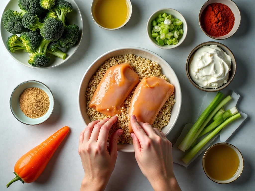 Ingredients for healthy buffalo chicken quinoa bowls