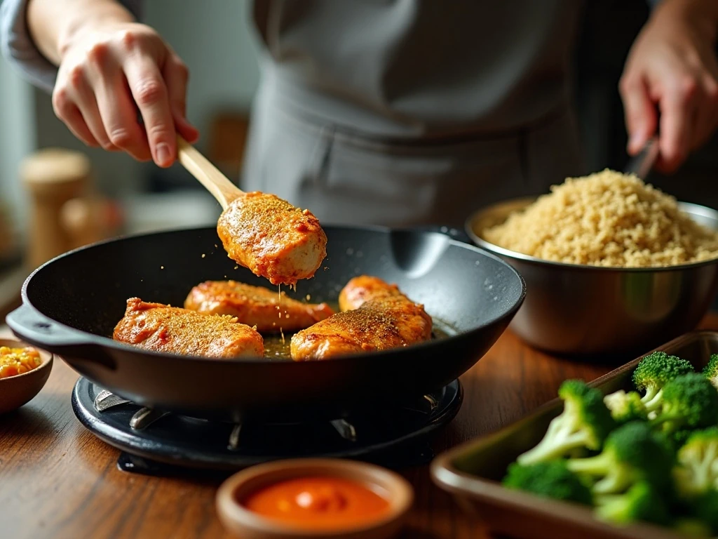 Cooking chicken, quinoa, and broccoli for buffalo bowls