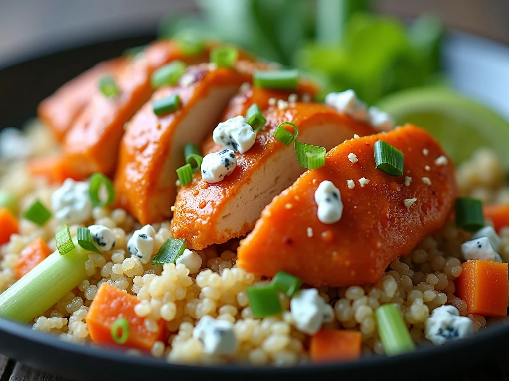 Close-up of buffalo chicken quinoa bowl toppings